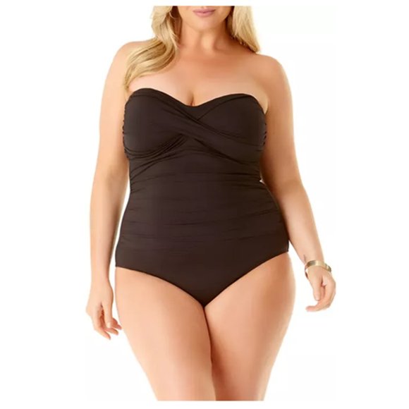 Anne Cole Plus Size Twist Front Shirred Bandeau One Piece Swimsuit Black 22W - Picture 3 of 7